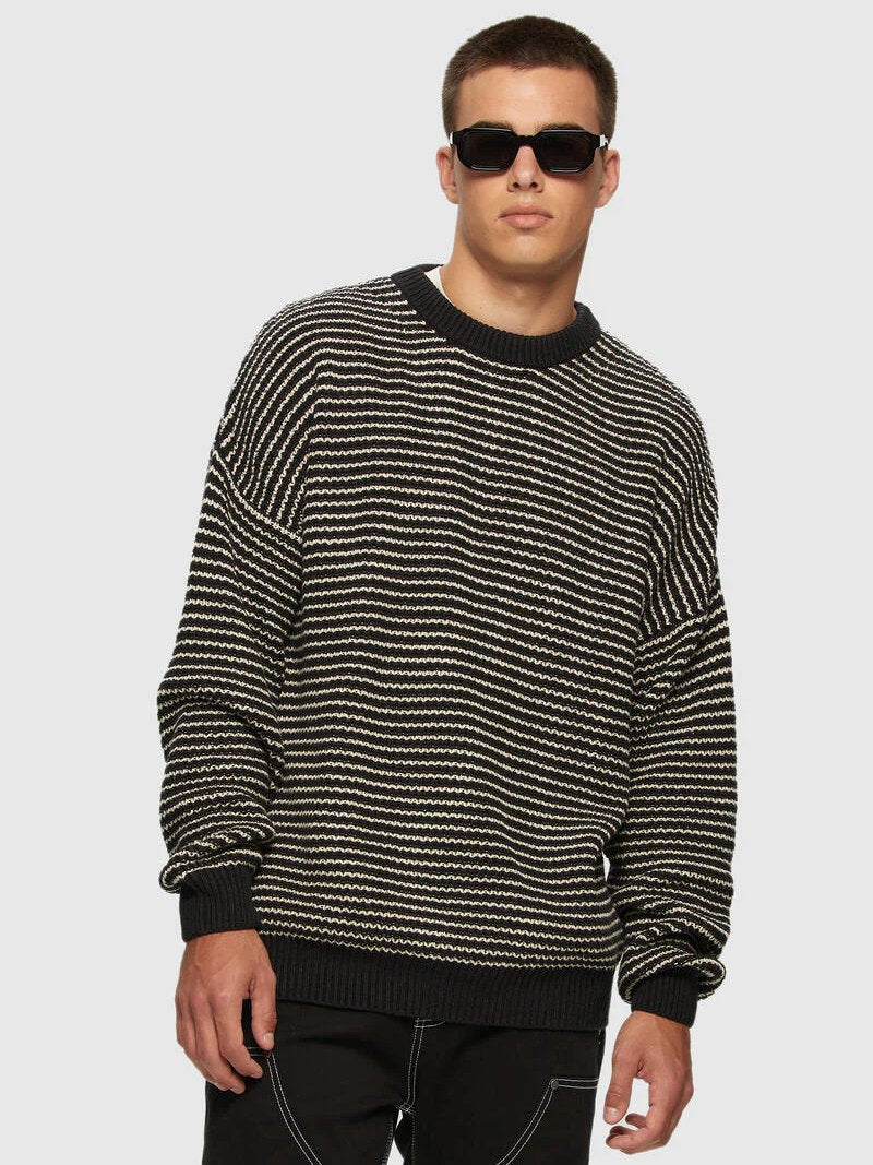 KUWALLA WAFFLE KNIT CREW SWEATER NAVY/WHITE