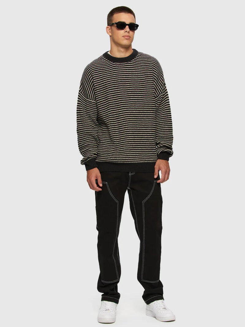 KUWALLA WAFFLE KNIT CREW SWEATER NAVY/WHITE