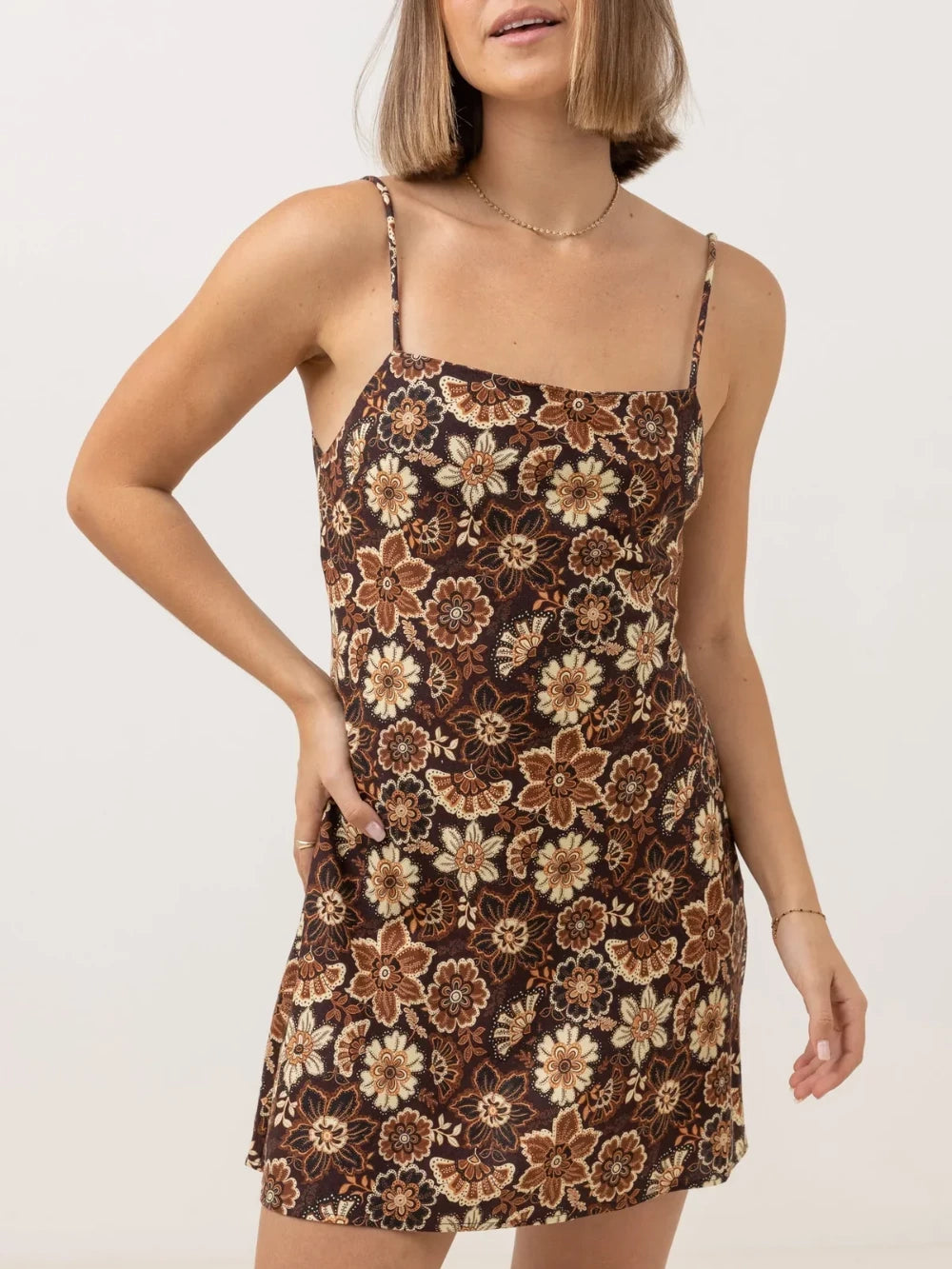 RHYTHM CANTABRIA FLORAL BIAS MINI DRESS BROWN