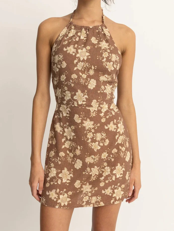 RHYTHM NOVA PAISLEY HALTER MINI DRESS CHOCOLATE