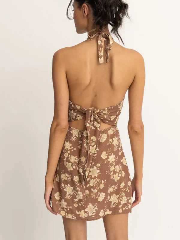 RHYTHM NOVA PAISLEY HALTER MINI DRESS CHOCOLATE