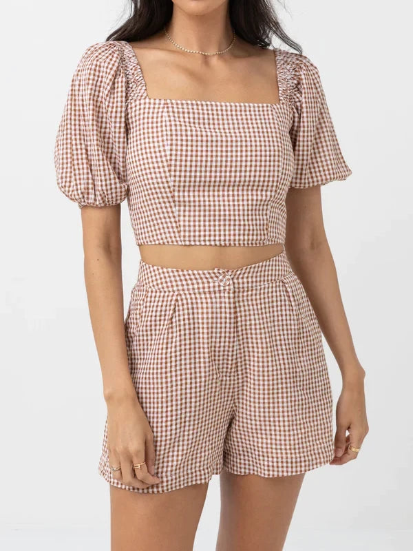 RHYTHM LOLA CHECK SHORT SLEEVE TOP CLAY