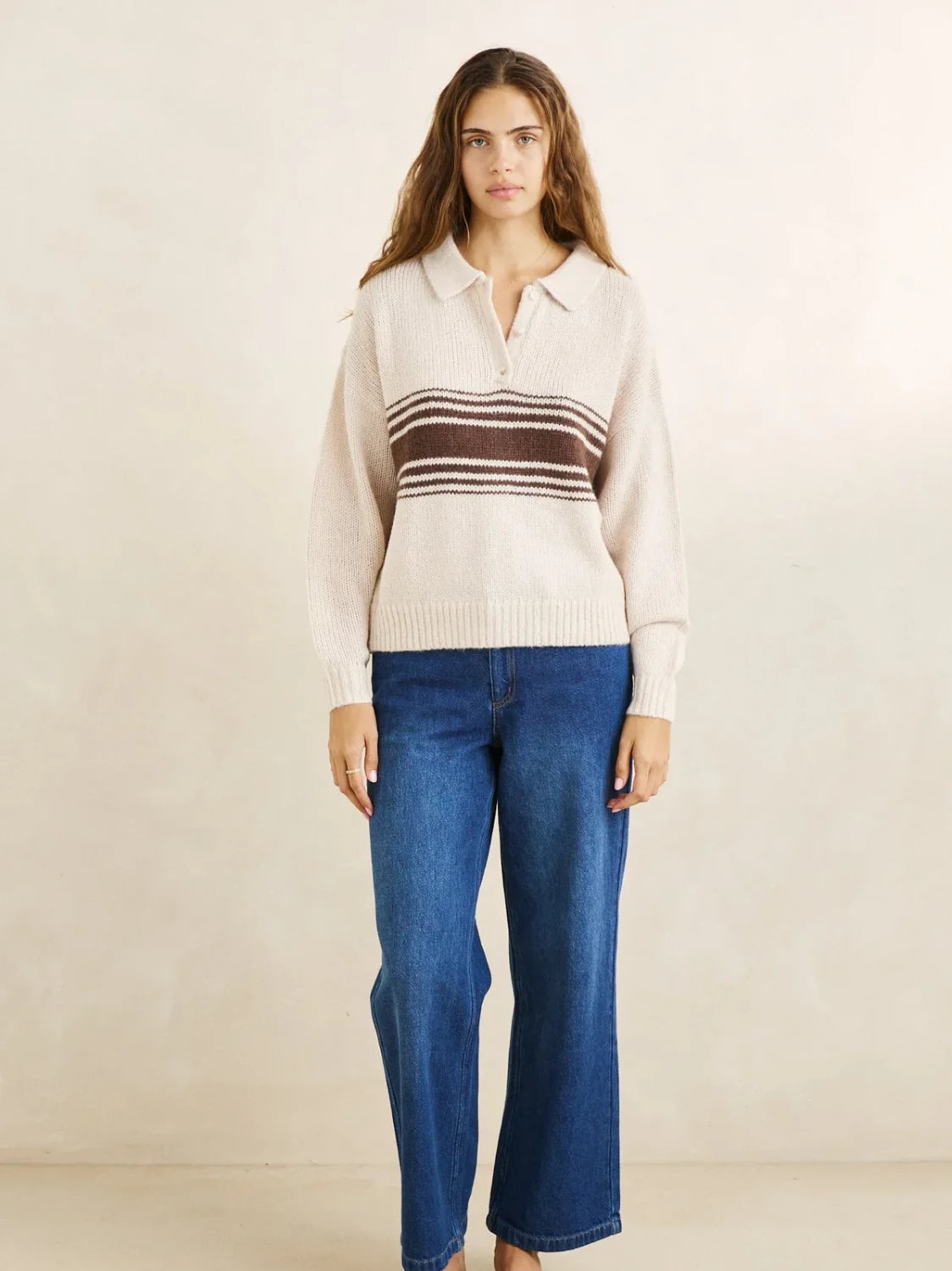 woman wearing STRATA KNIT COLLARED SWEATER