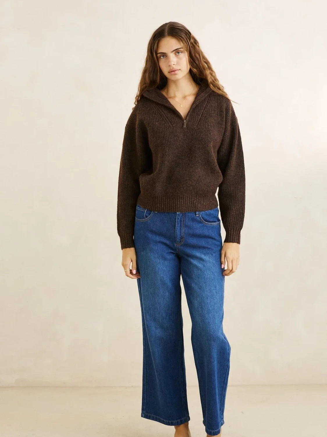 womens rhythm quincy zip brown quarter zip sweater