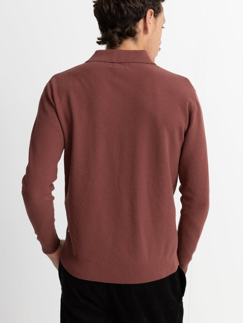 RHYTHM TEXTURED KNIT LONG SLEEVE POLO BRICK