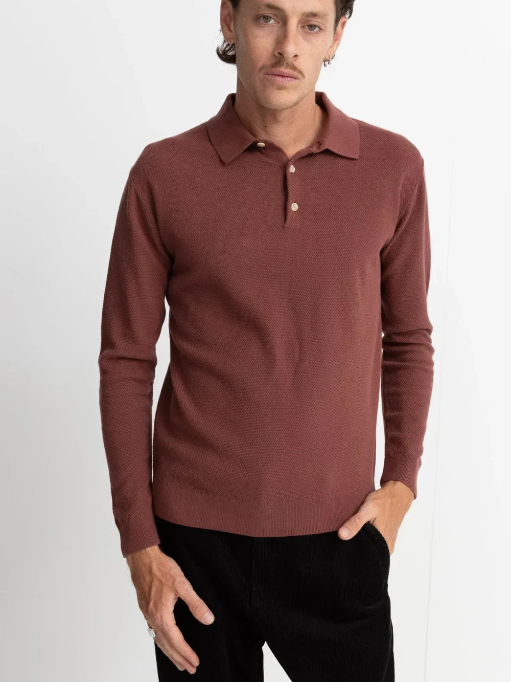 RHYTHM TEXTURED KNIT LONG SLEEVE POLO BRICK