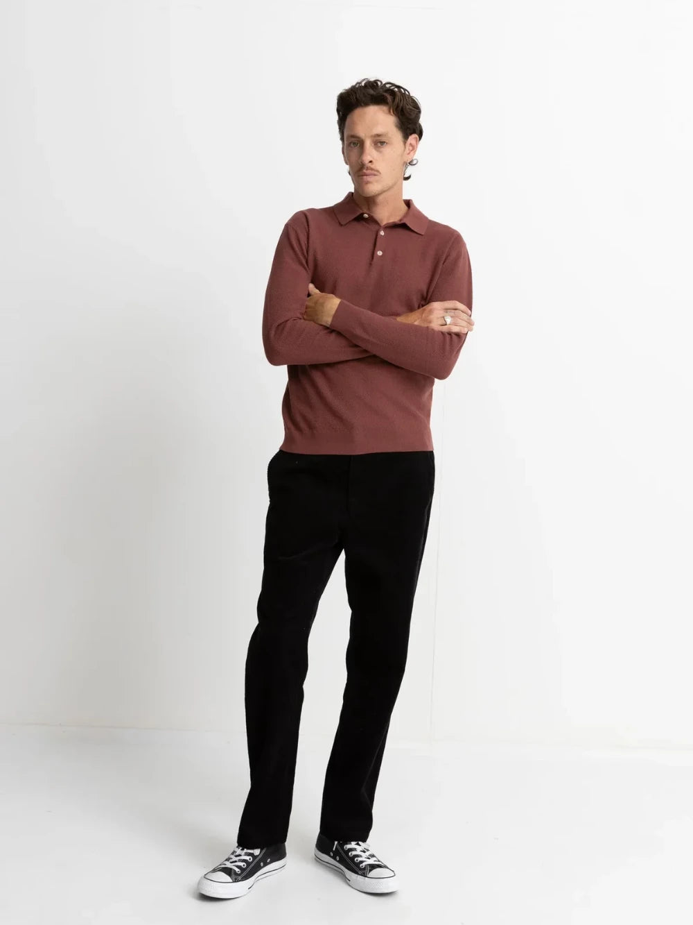 RHYTHM TEXTURED KNIT LONG SLEEVE POLO BRICK