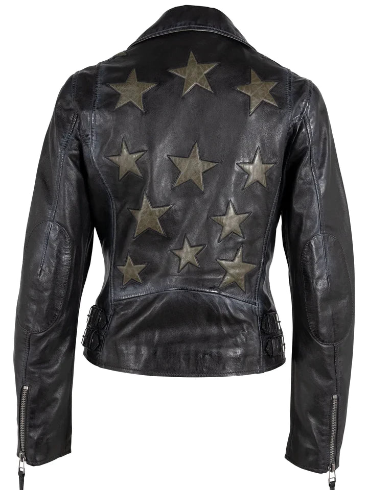 MAURITIUS CHRISTY STAR DETAIL LEATHER JACKET BLACK/OLIVE