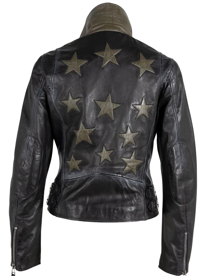 MAURITIUS CHRISTY STAR DETAIL LEATHER JACKET BLACK/OLIVE