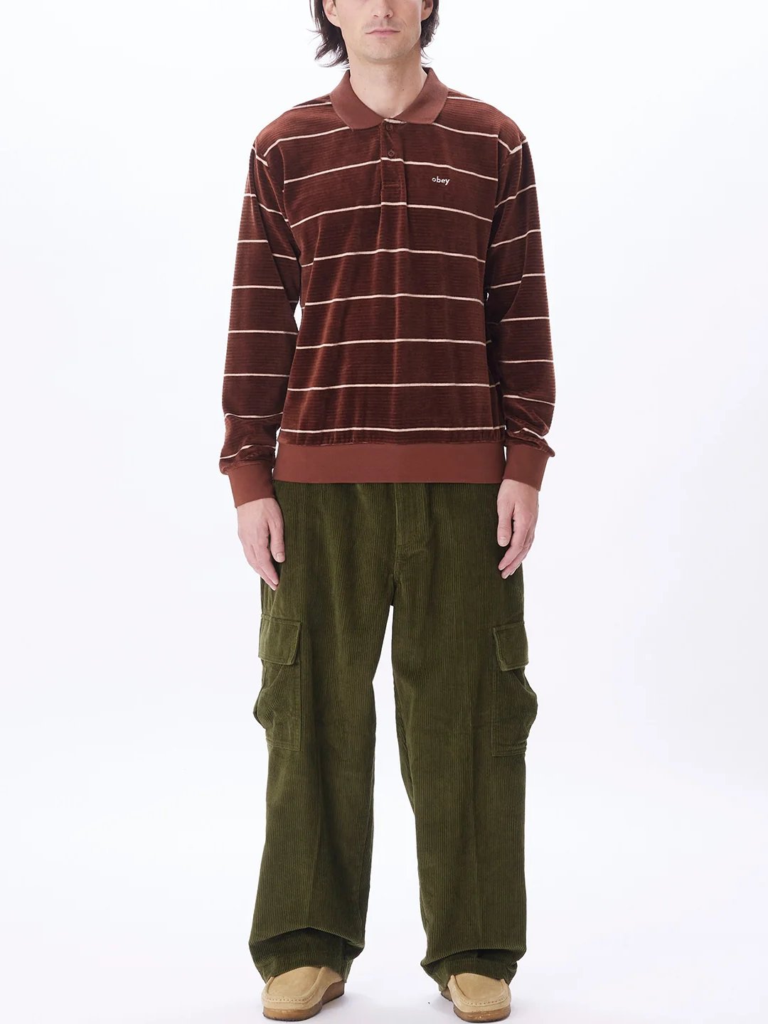 OBEY ASTORIA VELOUR STRIPE POLO SEPIA MULTI