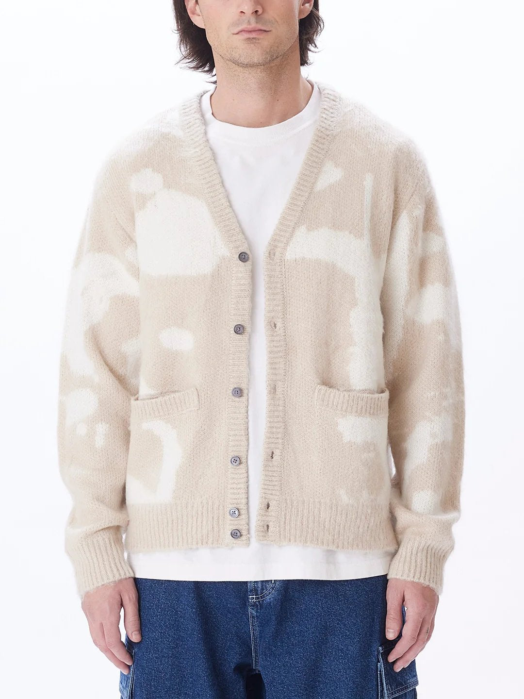 OBEY LUKA SPLATTER CARDIGAN SILVER GREY MULTI