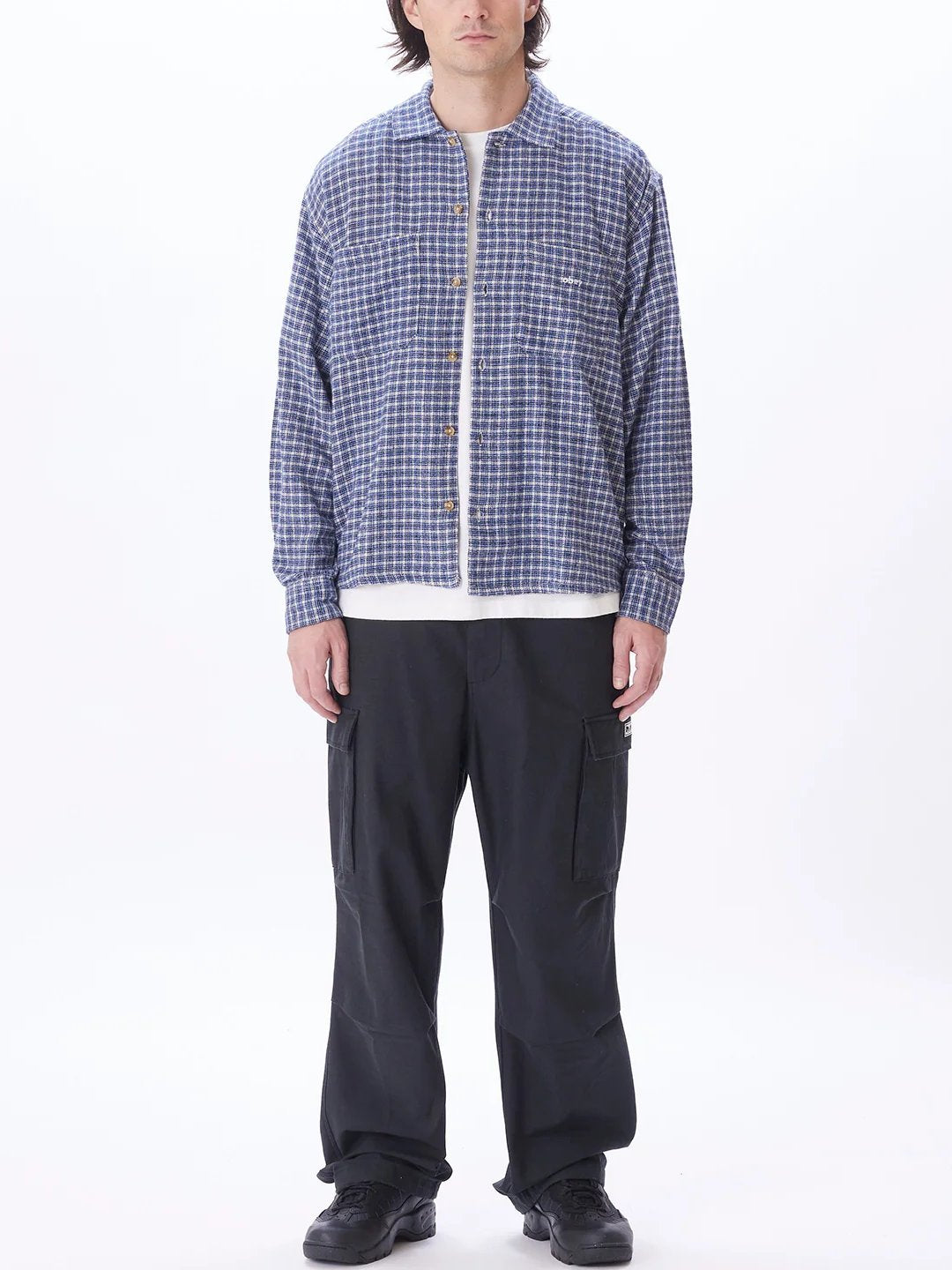 OBEY BIGWIG MICRO PLAID WOVEN SHIRT SILVER GREY MULTI OUTFIT