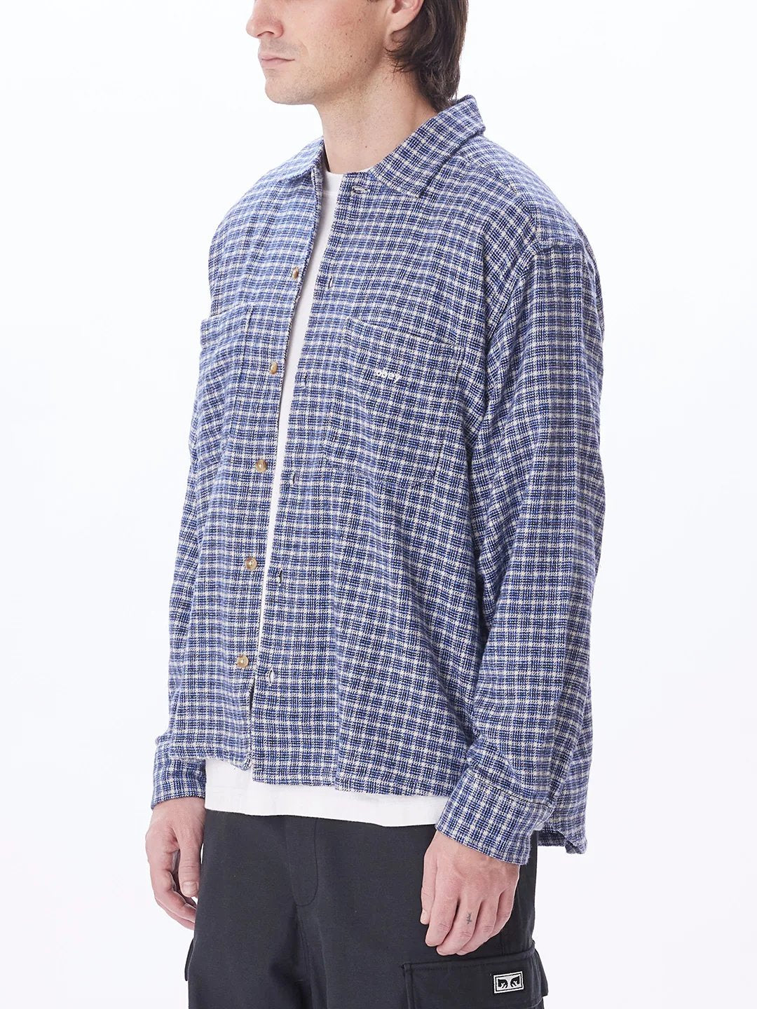 OBEY BIGWIG MICRO PLAID WOVEN SHIRT SILVER GREY MULTI SIDE