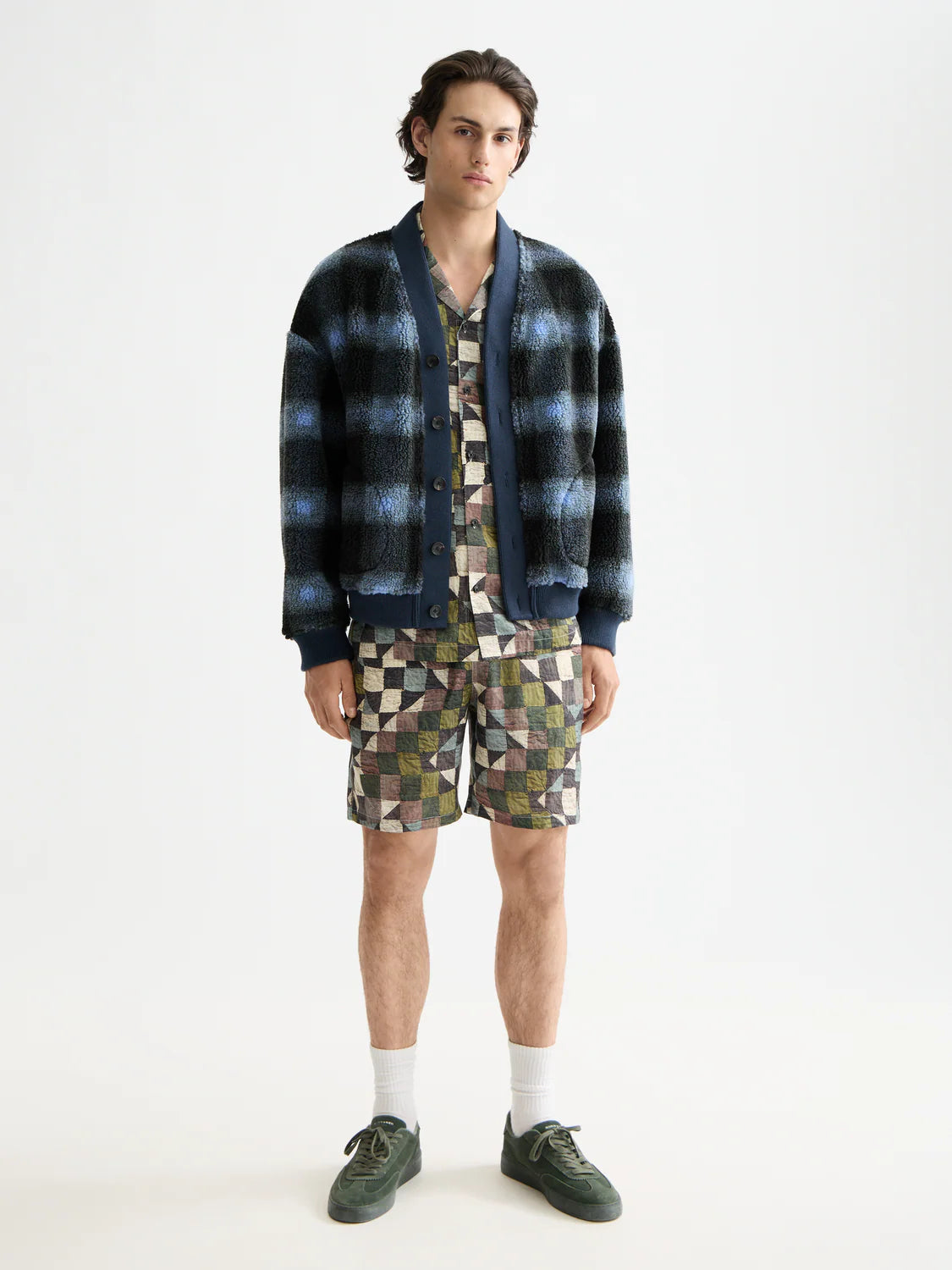 S&S POLAR FLEECE CARDIGAN THYME/ BLUE BONNET SHADOW CHECK