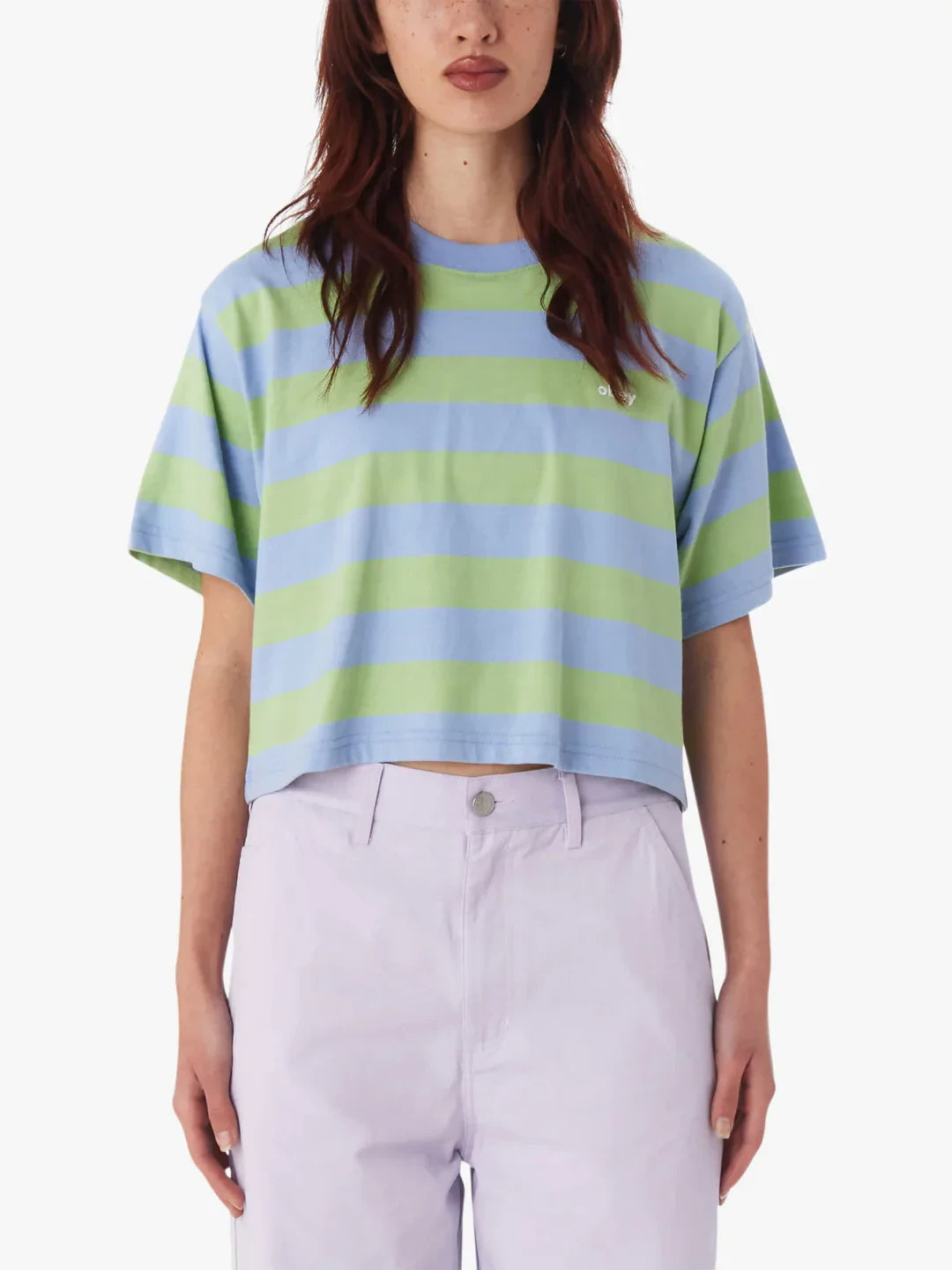 OBEY ADAMS STRIPE CROPPED TEE HYDRANGEA MULTI 