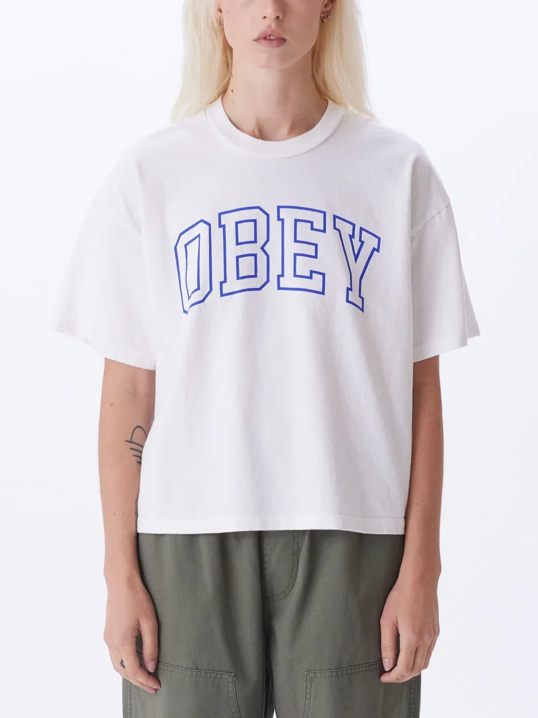 COLLEGIATE OBEY CUSTOM CROP T-SHIRT WHITE