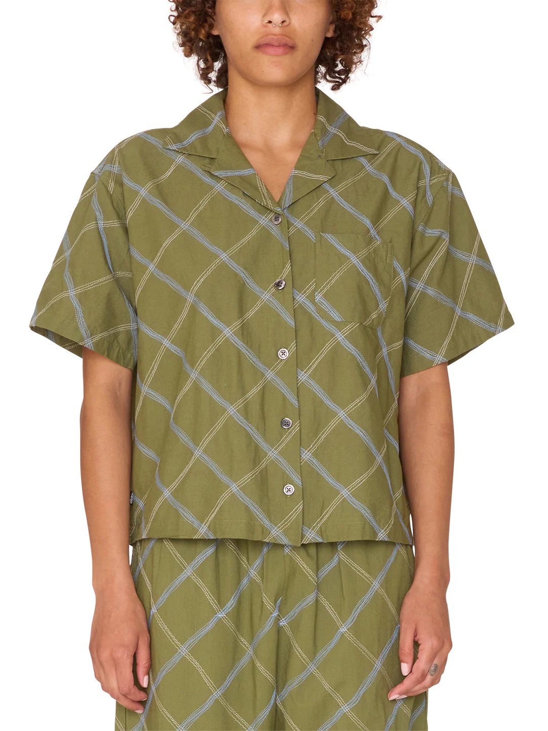 OBEY LILITH DIAMOND STITCH SHORT SLEEVE SHIRT OLIVINE MULTI