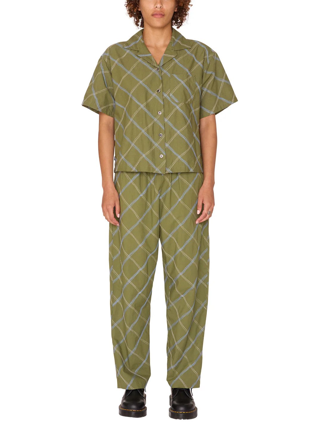 OBEY LILITH DIAMOND STITCH SHORT SLEEVE SHIRT OLIVINE MULTI