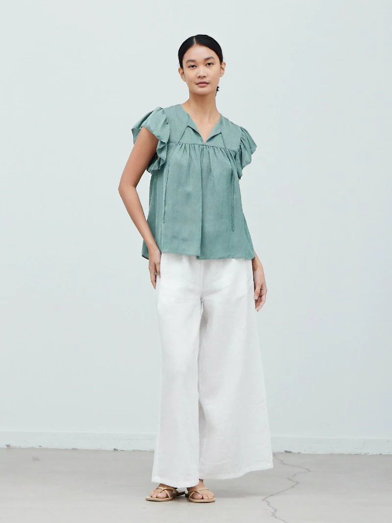 GRADE & GATHER RUFFLE SATIN BLOUSE DUSTY SAGE