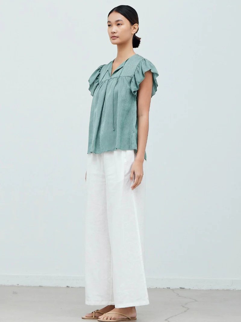 GRADE & GATHER RUFFLE SATIN BLOUSE DUSTY SAGE