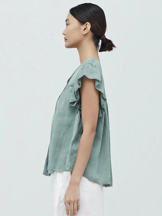 GRADE & GATHER RUFFLE SATIN BLOUSE DUSTY SAGE