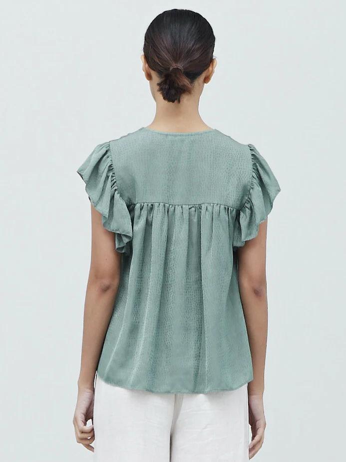 GRADE & GATHER RUFFLE SATIN BLOUSE DUSTY SAGE