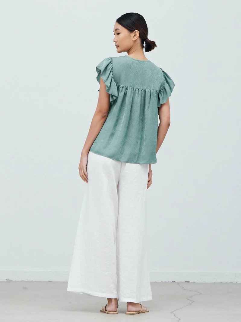 GRADE & GATHER RUFFLE SATIN BLOUSE DUSTY SAGE