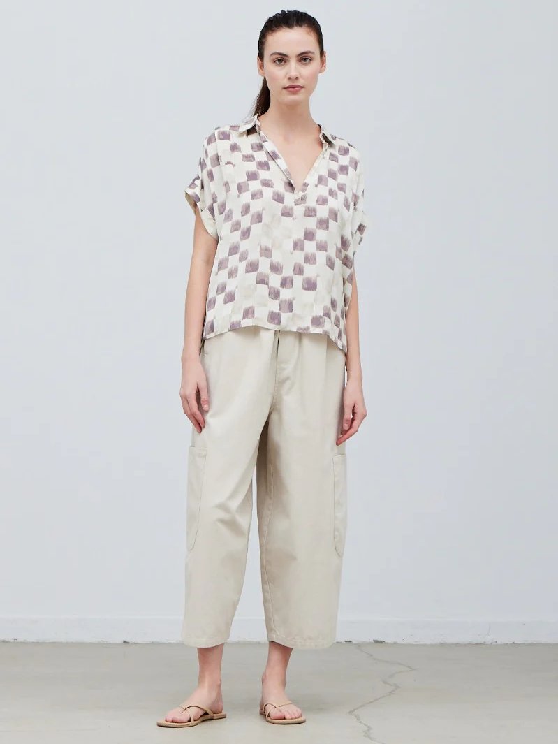 GRADE & GATHER CHECKER SATIN SHIRT BLOUSE WISTERIA