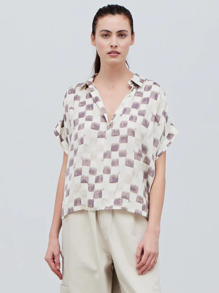 GRADE & GATHER CHECKER SATIN SHIRT BLOUSE WISTERIA