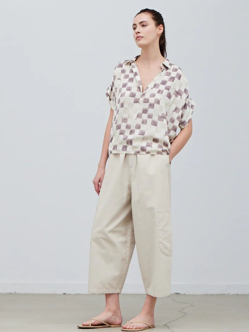 GRADE & GATHER CHECKER SATIN SHIRT BLOUSE WISTERIA