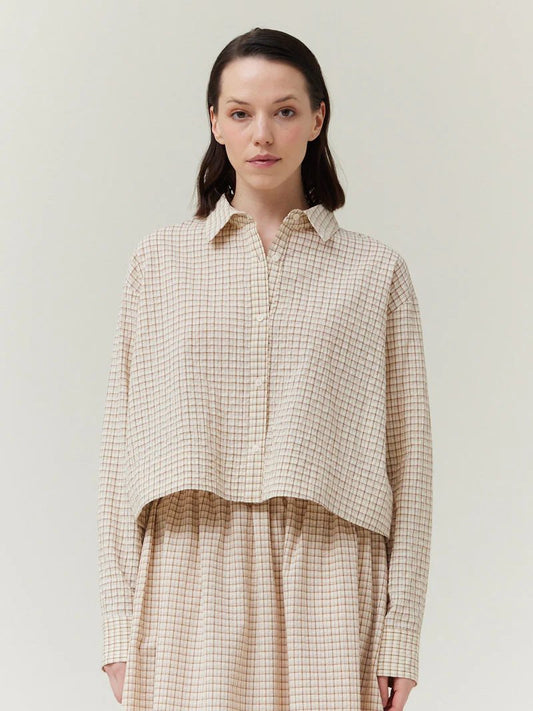 GRADE & GATHER CHECK PLAID CROP SHIRT CREAM
