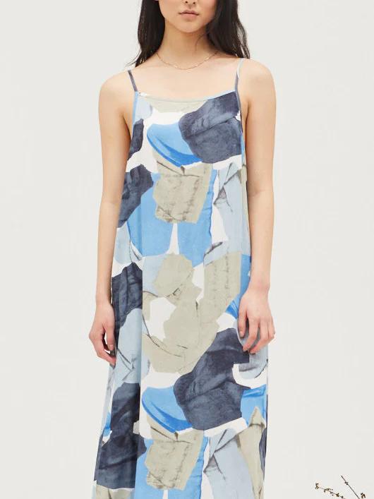 GRADE & GATHER ROCK FORM PRINT SLIP DRESS DUSTY BLUE