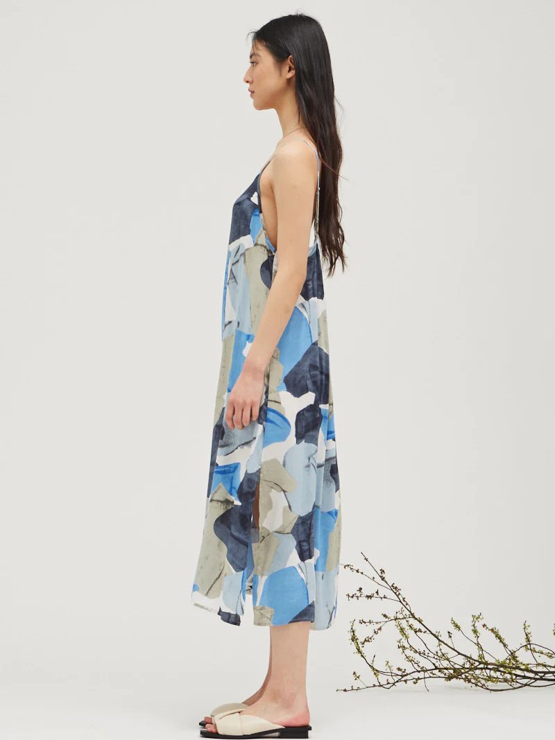 GRADE & GATHER ROCK FORM PRINT SLIP DRESS DUSTY BLUE