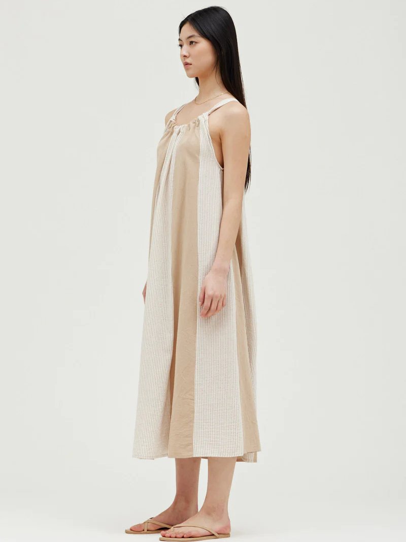 GRADE & GATHER VERTICAL CONTRAST MAXI DRESS SAND