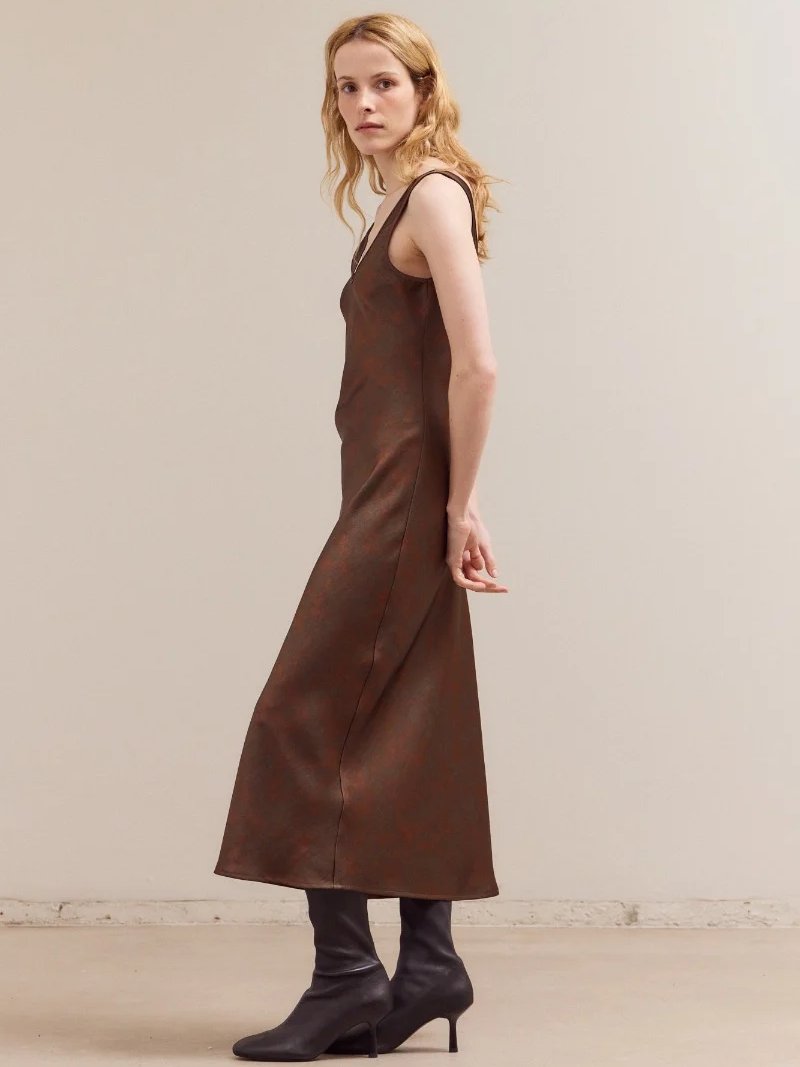 GRADE & GATHER CARA PRINTED SATIN MAXI DRESS BRONZE