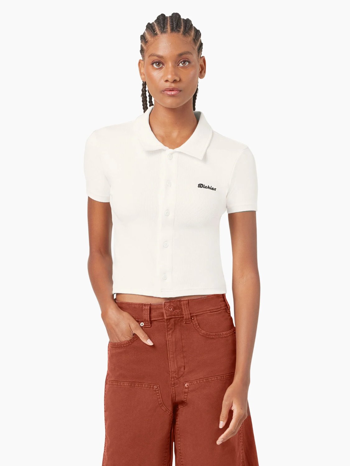 DICKIES TALLASSE SHORT SLEEVE BUTTON KNIT EGRET FRONT