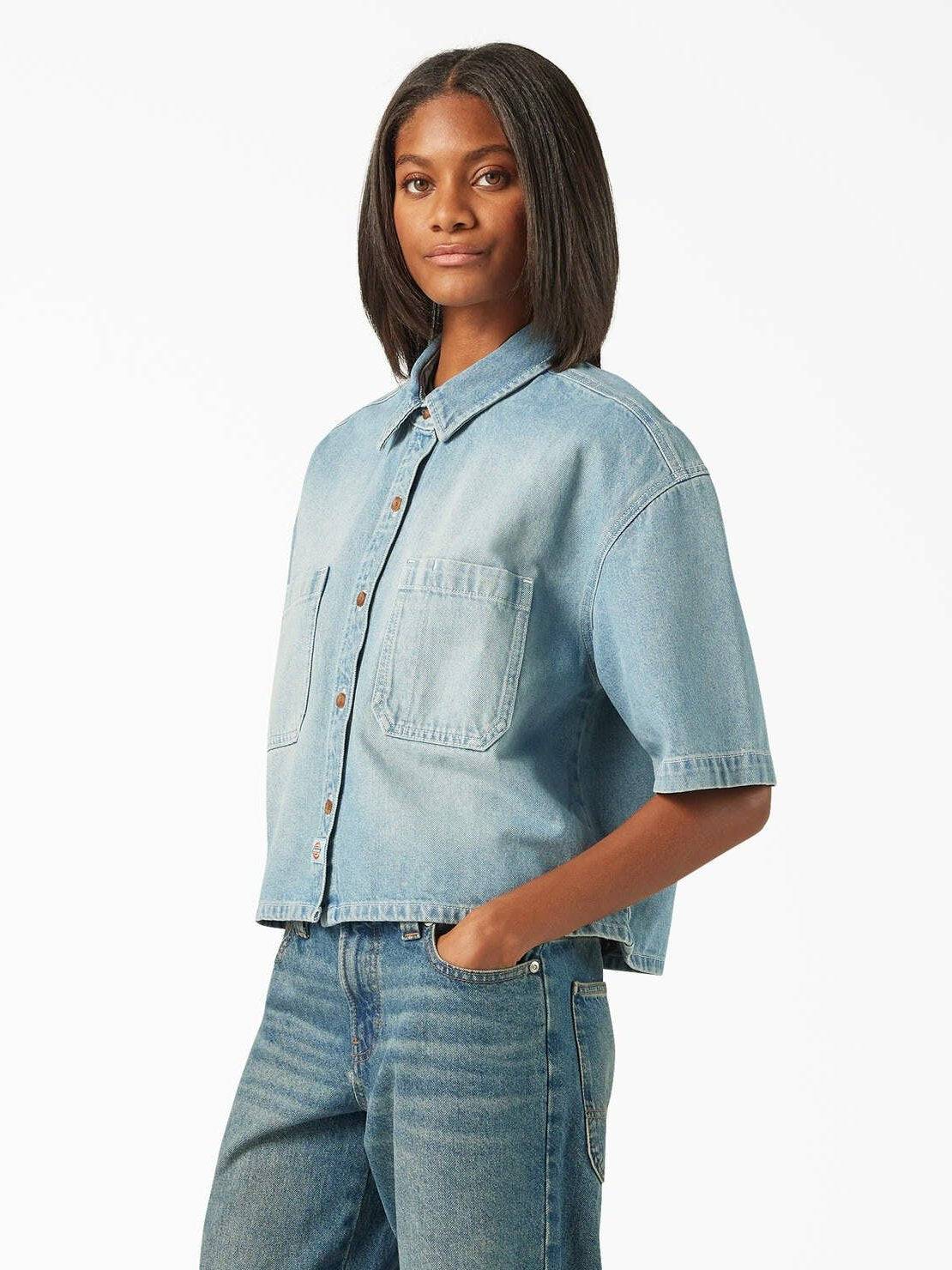 DICKIES CROPPED DENIM WORK SHIRT LIGHT DENIM