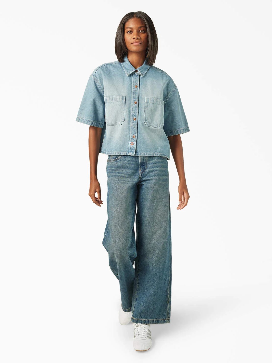 DICKIES CROPPED DENIM WORK SHIRT LIGHT DENIM