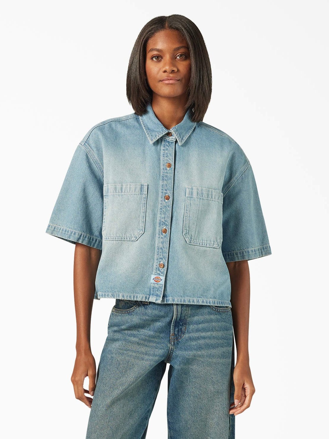 DICKIES CROPPED DENIM WORK SHIRT LIGHT DENIM