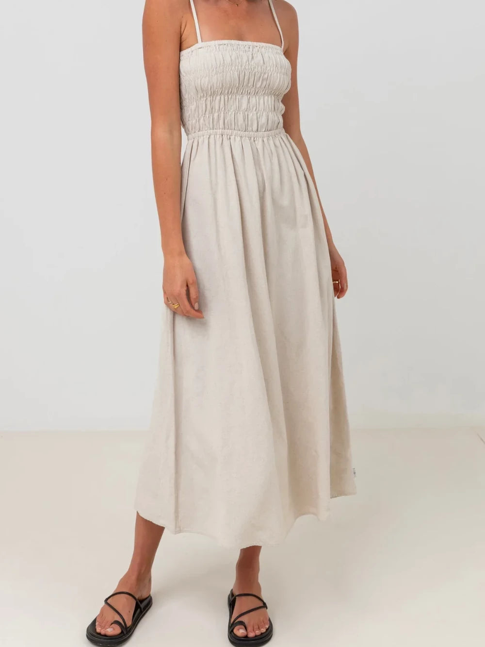 RHYTHM CLASSIC SHIRRED MIDI DRESS OAT
