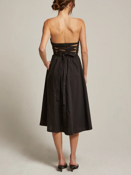 CRESCENT KATE FIT & FLARE BACK TIE MIDI DRESS BLACK