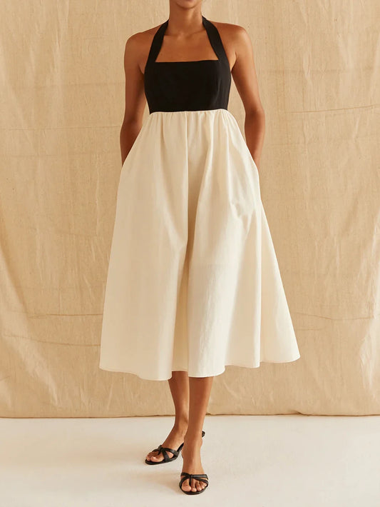 CRESCENT LILIBETH HALTER NECK MIDI DRESS BLACK/OATMEAL