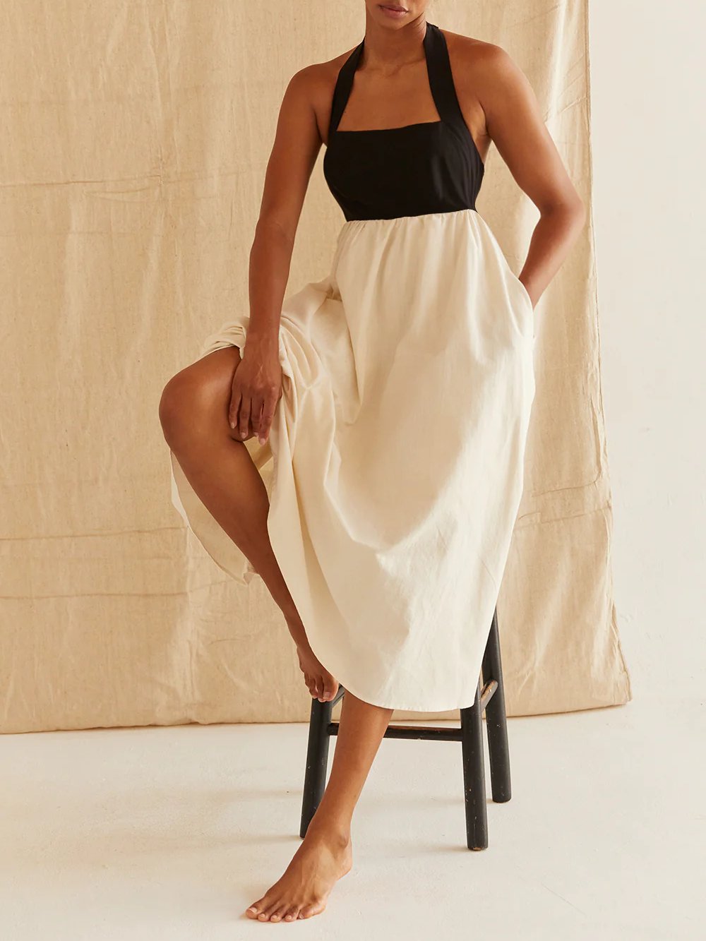 CRESCENT LILIBETH HALTER NECK MIDI DRESS BLACK/OATMEAL