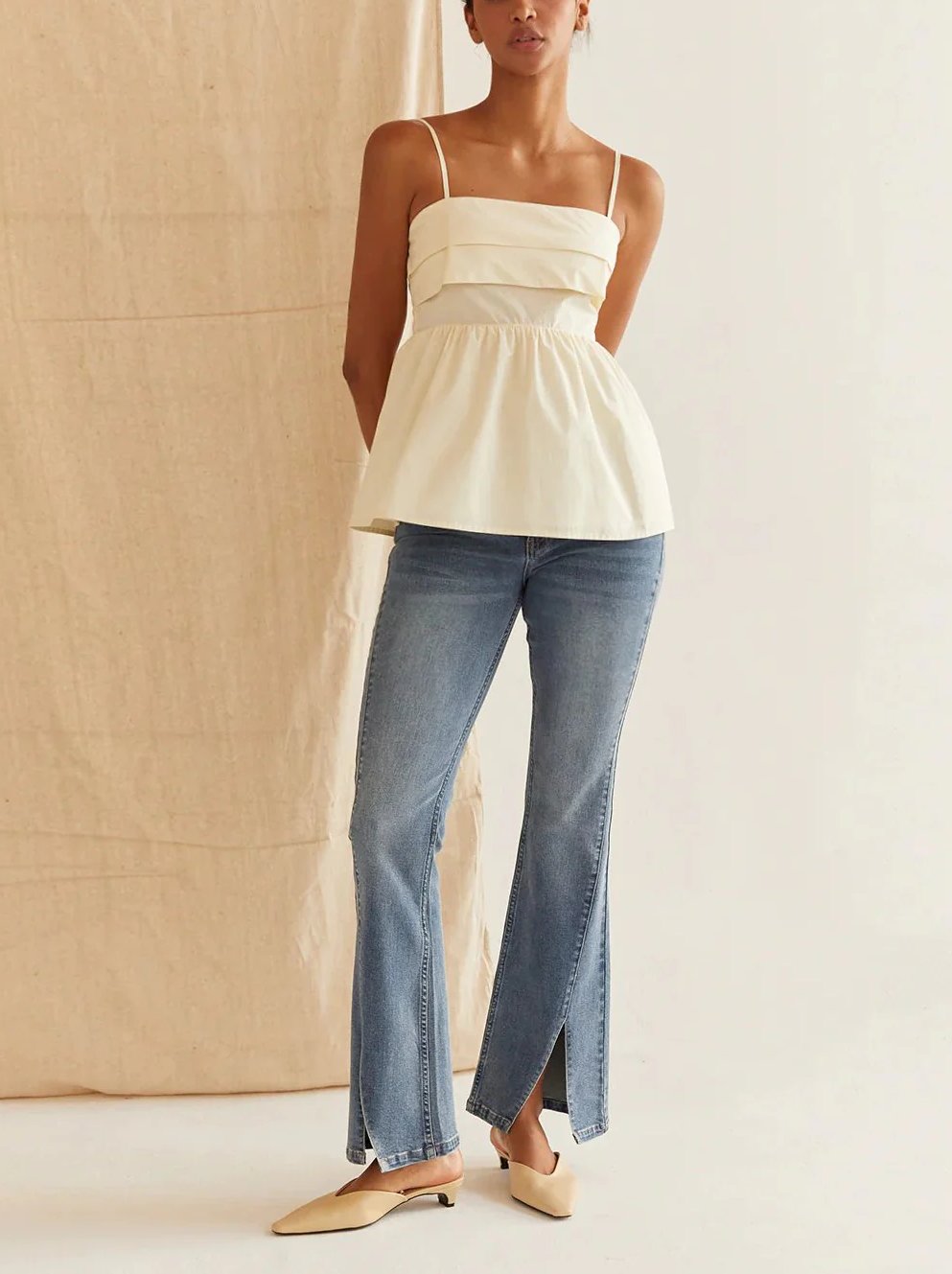 CRESCENT MINDY PLEATED BABY DOLL CAMISOLE TOP CREAM