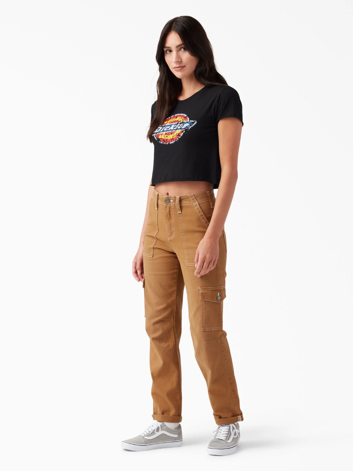 DICKIES DISTRESSED LOGO CROPPED T-SHIRT BLACK