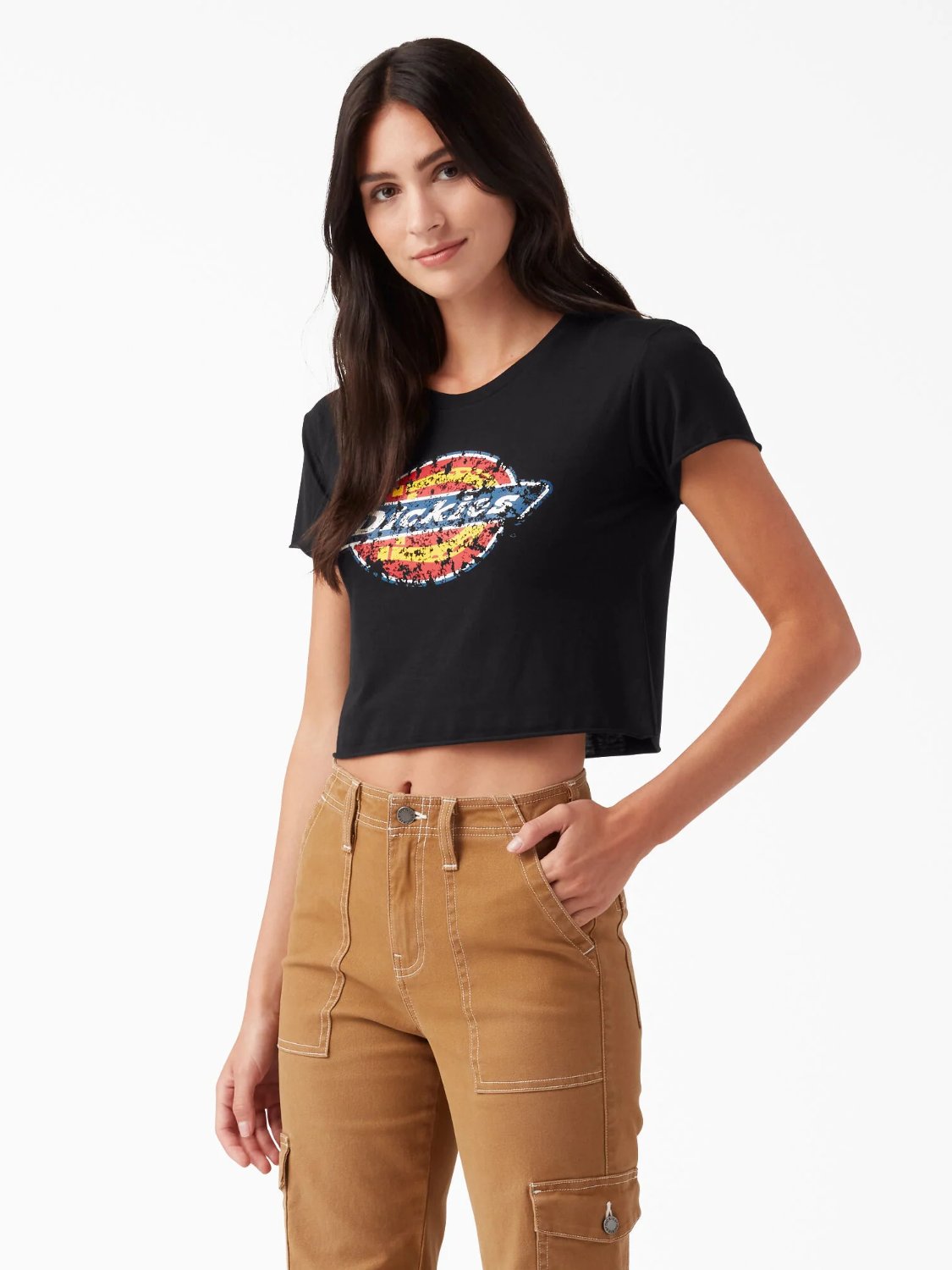 DICKIES DISTRESSED LOGO CROPPED T-SHIRT BLACK