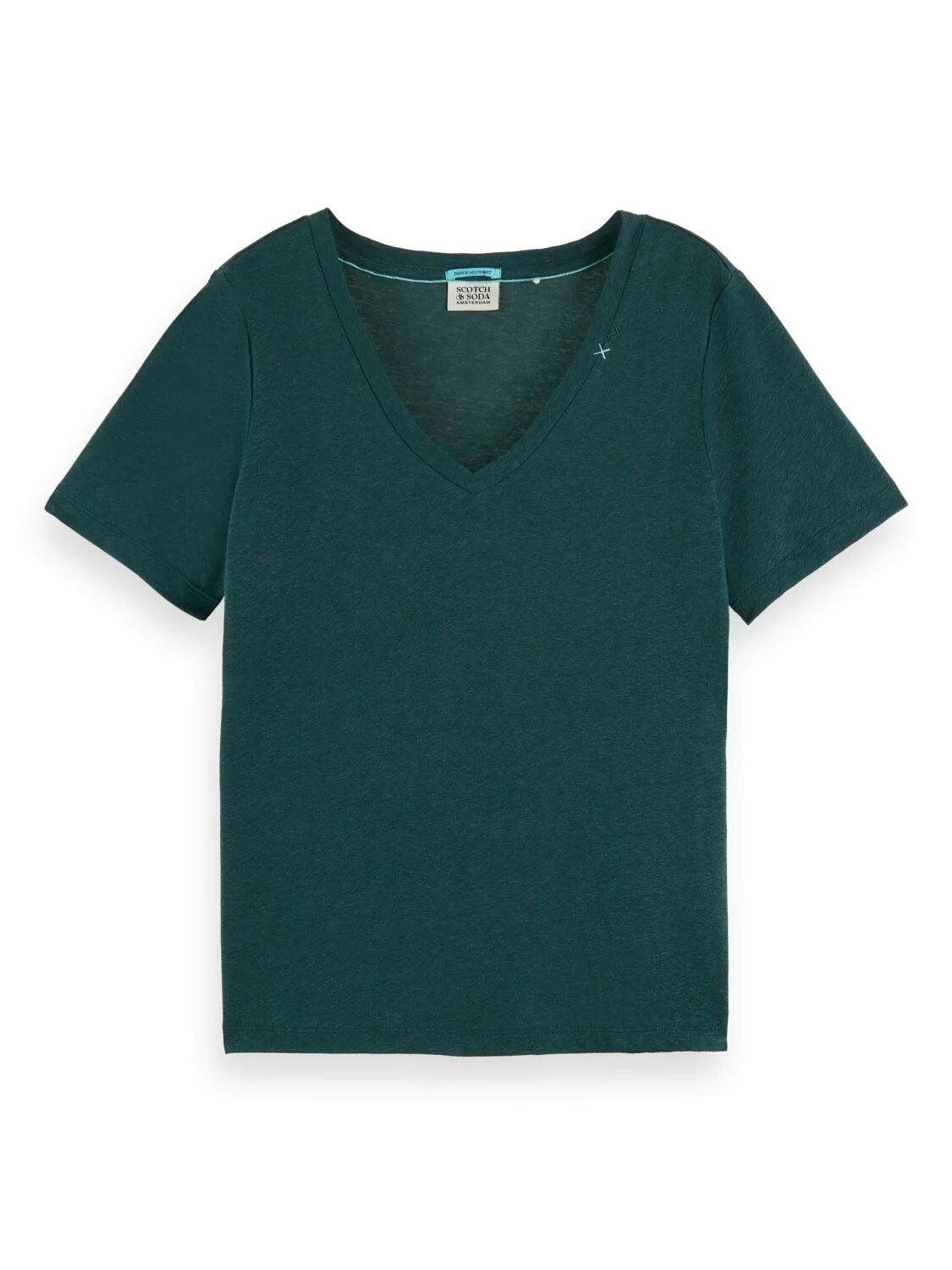 SCOTCH & SODA EMBROIDERED DETAIL V-NECK T-SHIRT BOTTLE GREEN