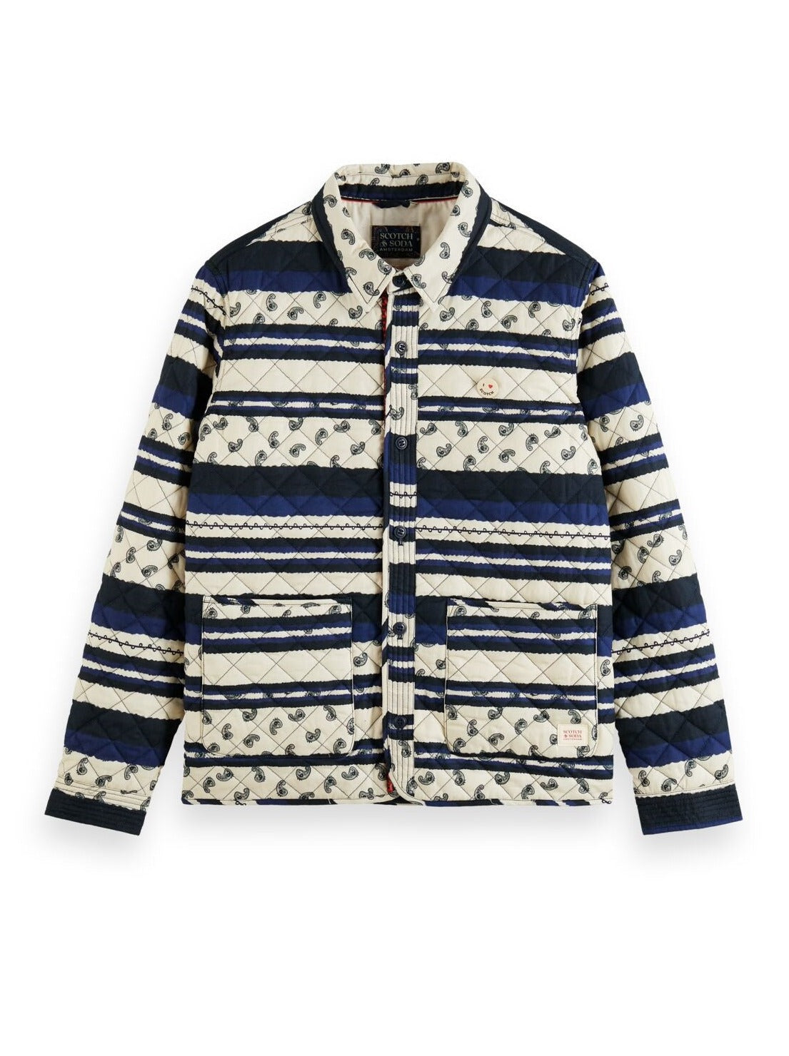 SCOTCH & SODA QUILTED ALL OVER PRINT SHIRT JACKET BLUE PAISLEY STRIPE