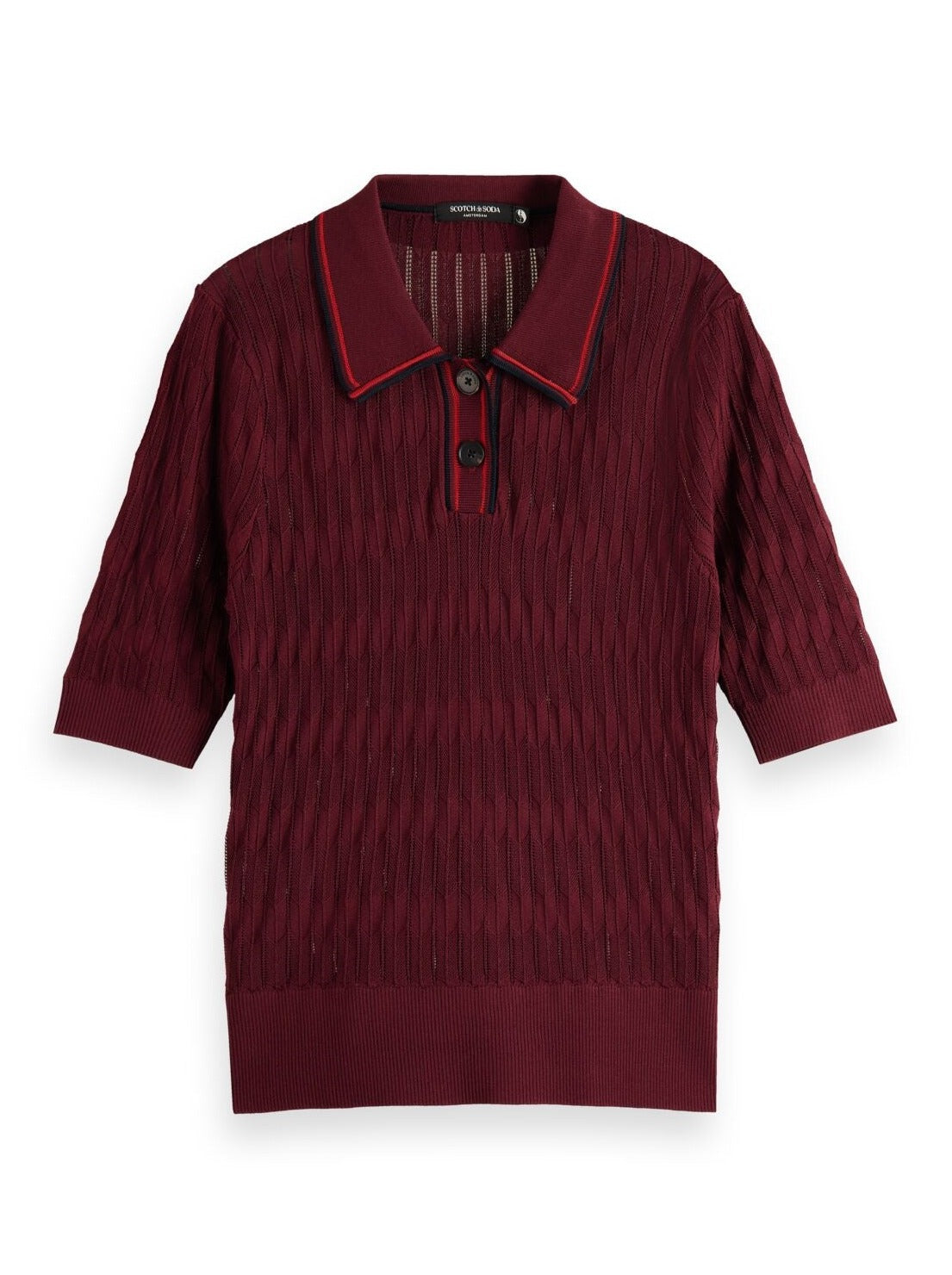 SCOTCH & SODA POINTELLE COLLARED KNIT TEE BORDEAUX