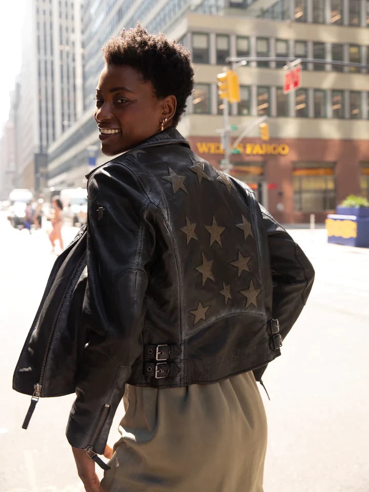 MAURITIUS CHRISTY STAR DETAIL LEATHER JACKET BLACK/OLIVE